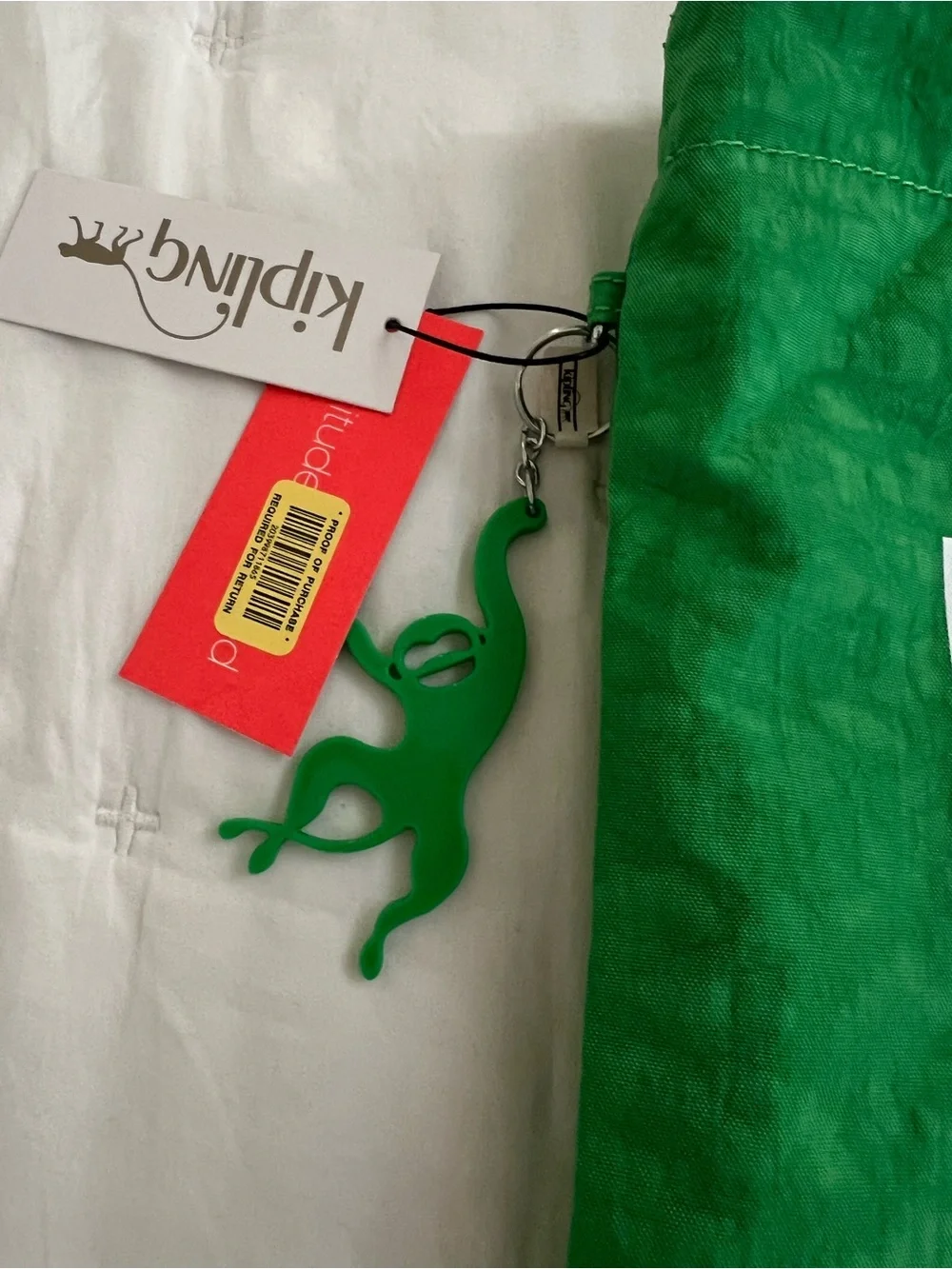 Kipling Reversible Bright Green Bag with Monkey Charm Keyring